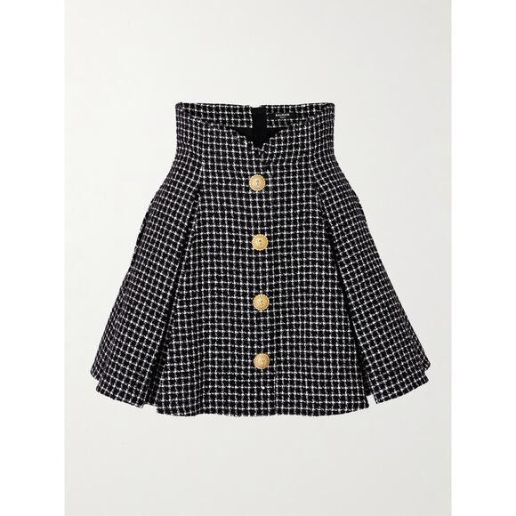 Balmain 'Vichy' Black Button-Embellished Cotton-Blend Tweed Mini Skirt Size 36